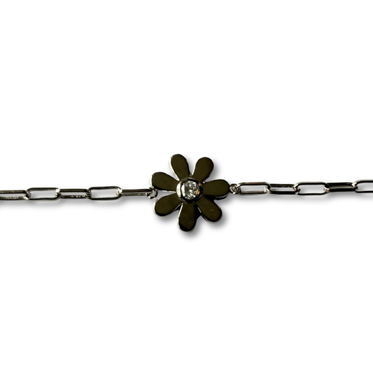 Pulsera paper clip de plata con flor y diamante de laboratorio 0.12ct