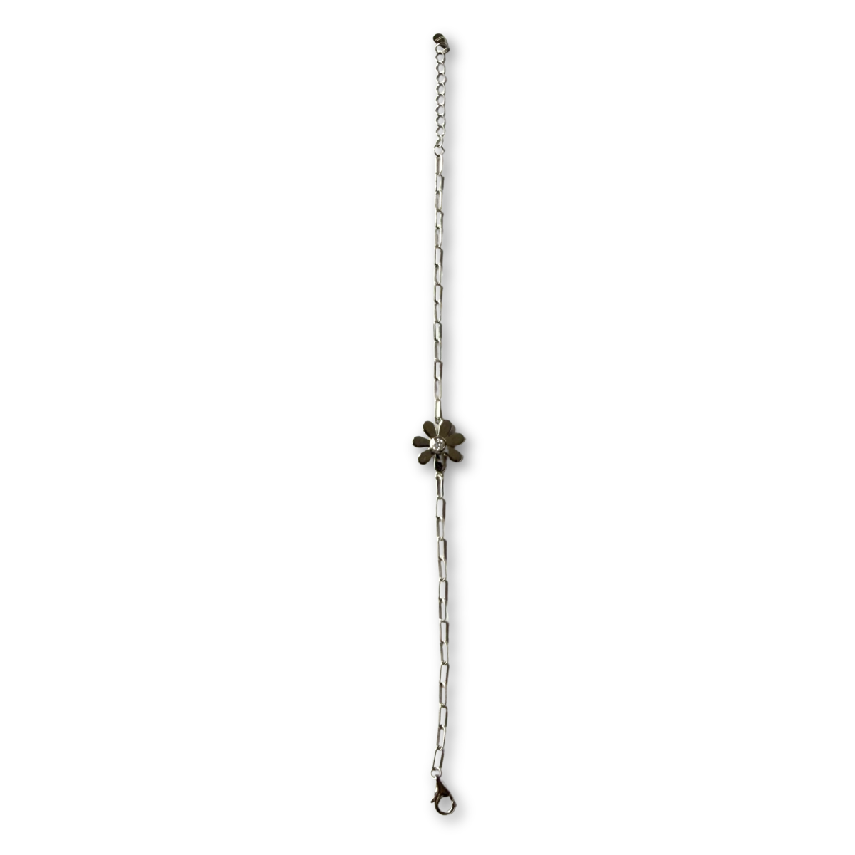 Pulsera paper clip de plata con flor y diamante de laboratorio 0.12ct