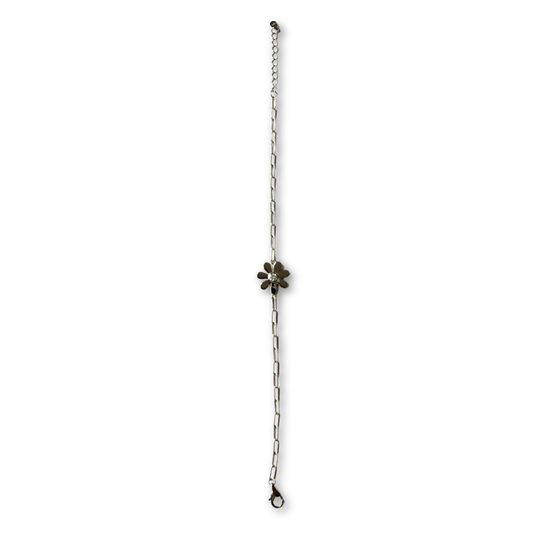Pulsera paper clip de plata con flor y diamante de laboratorio 0.12ct
