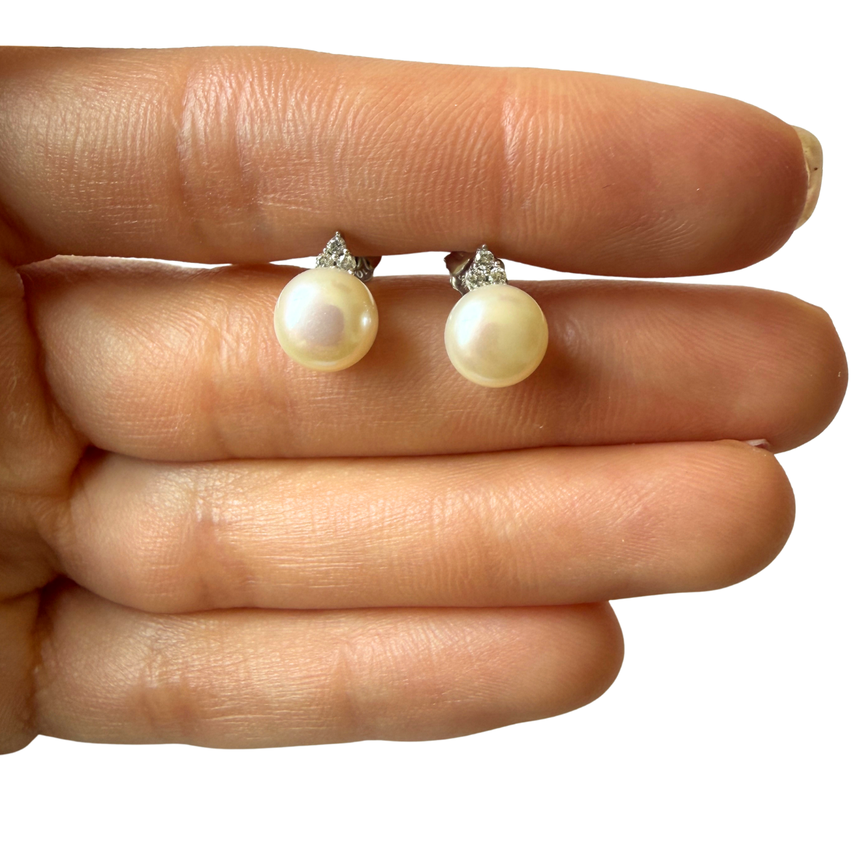 Aretes en oro blanco 10k con perla y 3 diamantes 0.06ctw