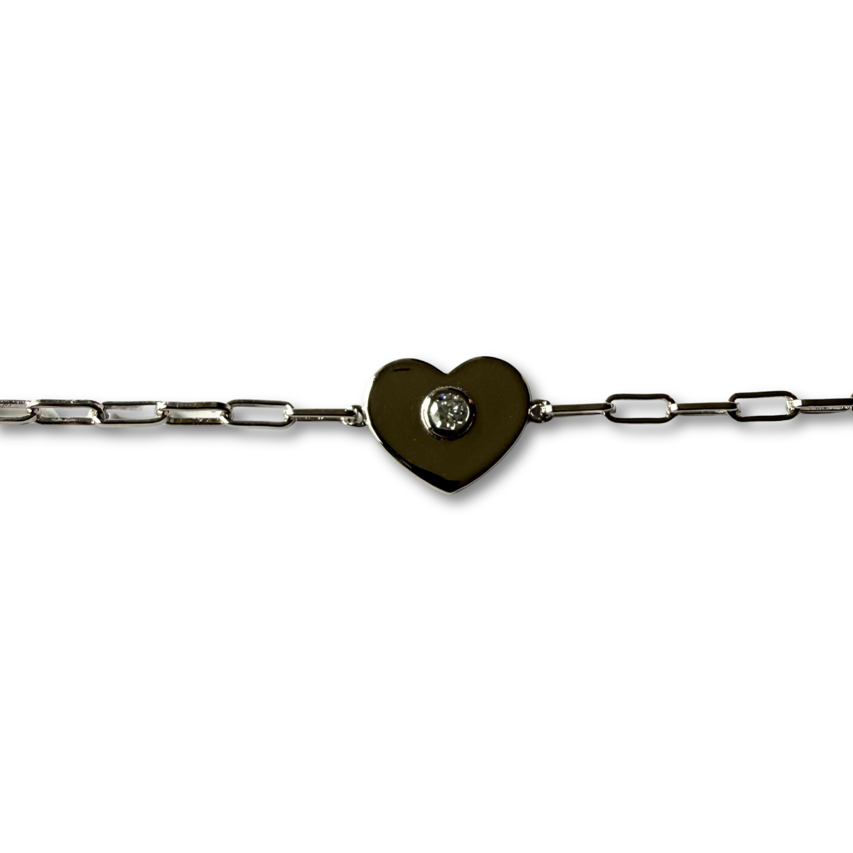 Pulsera paper clip de plata con corazón y diamante de laboratorio 0.12ct