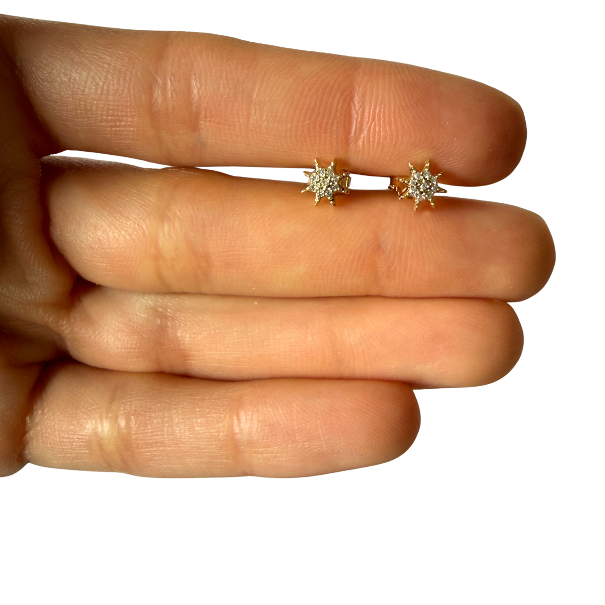Aretes en oro amarillo 10k de estrella de 8 puntas con diamantes  0.05ctw