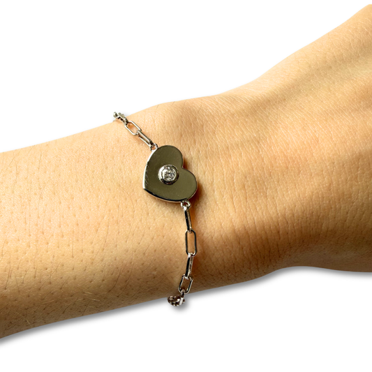 Pulsera paper clip de plata con corazón y diamante de laboratorio 0.12ct