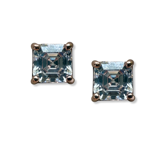 Aretes de plata con baño oro rosa corte asscher stud