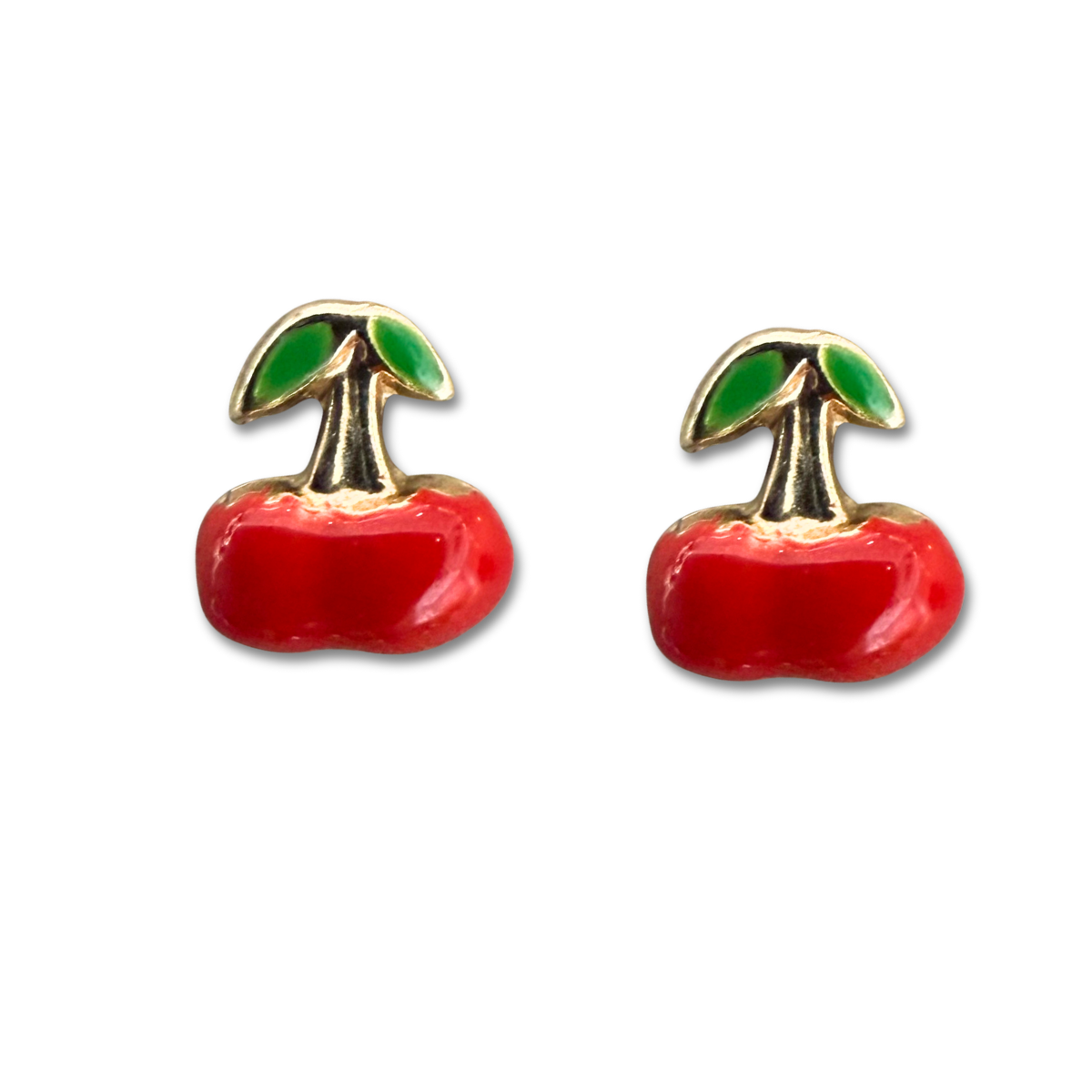 Aretes cereza esmaltada en oro amarillo 14K con tope rosca