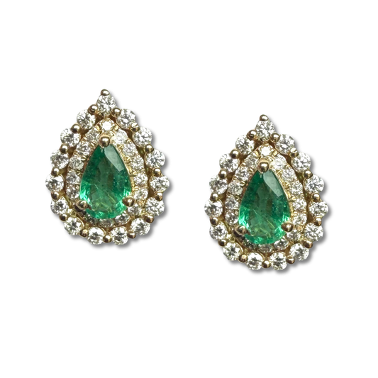 Aretes en oro amarillo 14k con gotas de esmeralda 0.68ctw y doble fila de diamantes 0.61ctw