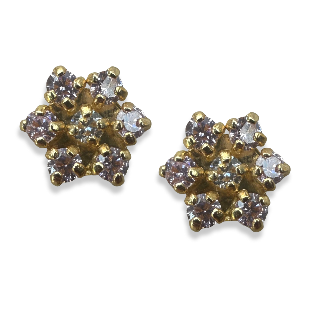 Aretes en oro amarillo 14k con flor de circonitas rosado de 6 petalos