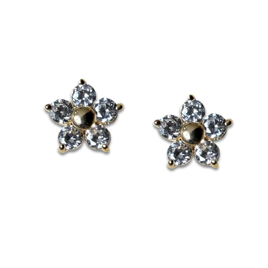 Aretes flor con cinco pétalos de circones blancos en oro amarillo 14K con tope rosca