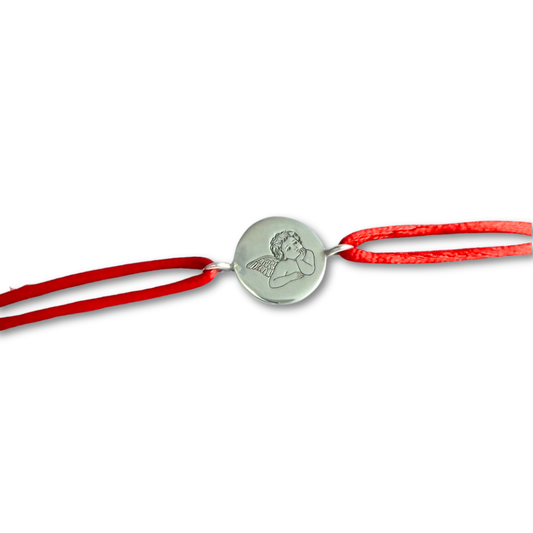 Pulsera de cordón con medalla redonda del ángel de la guarda en plata