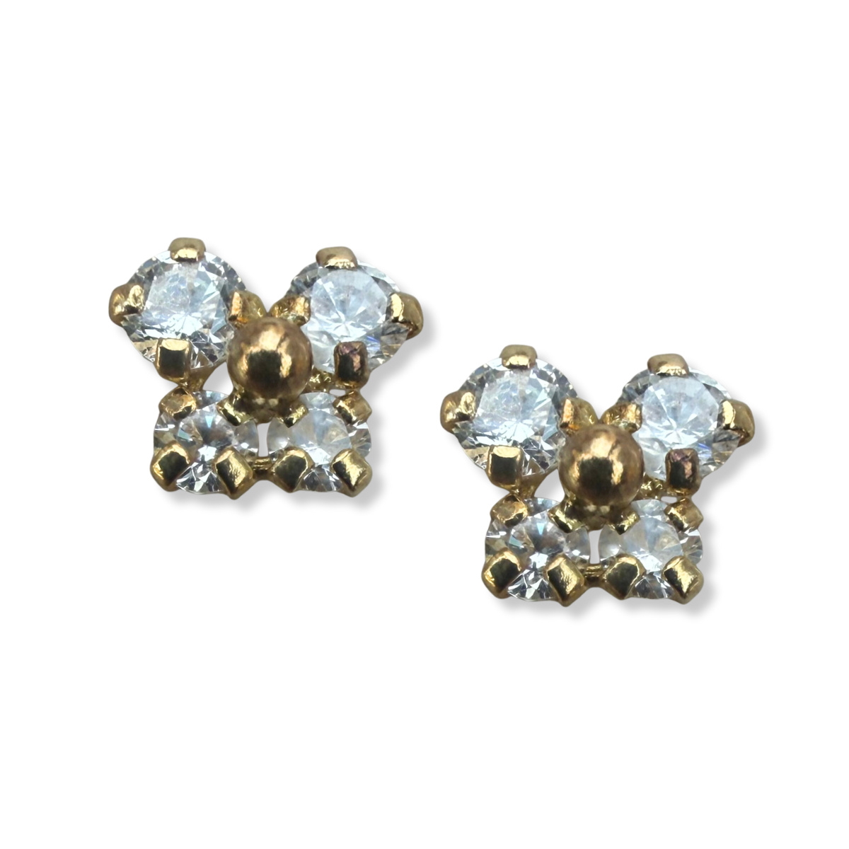 Aretes en oro amarillo 14K con mariposa con circonita blanca y bolita de oro en el centro con tope rosca