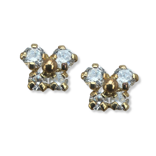 Aretes en oro amarillo 14K con mariposa con circonita blanca y bolita de oro en el centro con tope rosca