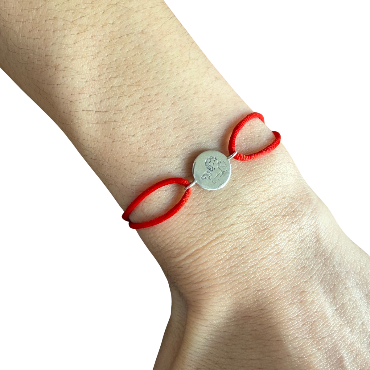 Pulsera de cordón con medalla redonda del ángel de la guarda en plata