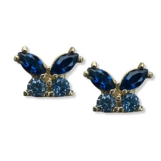 Aretes en oro amarillo 14k en forma de mariposa con circonita en tonos de azul