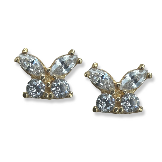 Aretes en oro amarillo 14k en forma de mariposa con circonita blancas