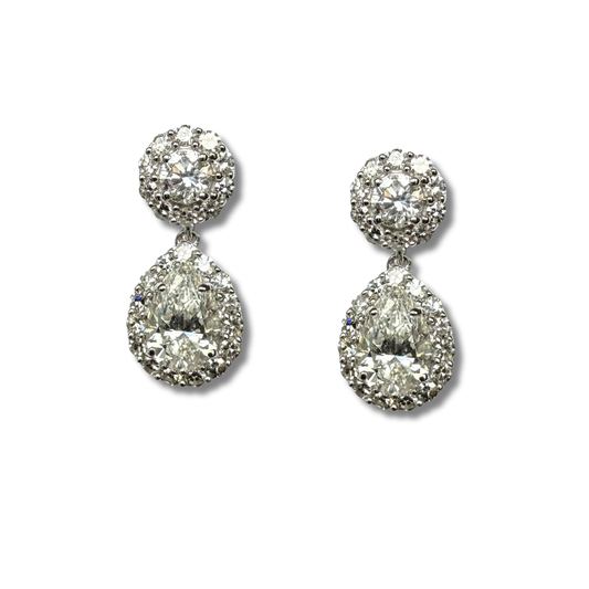 Aretes en oro blanco 14K con diamantes de laboratorio 3.5ctw colgantes de corte pera con halo