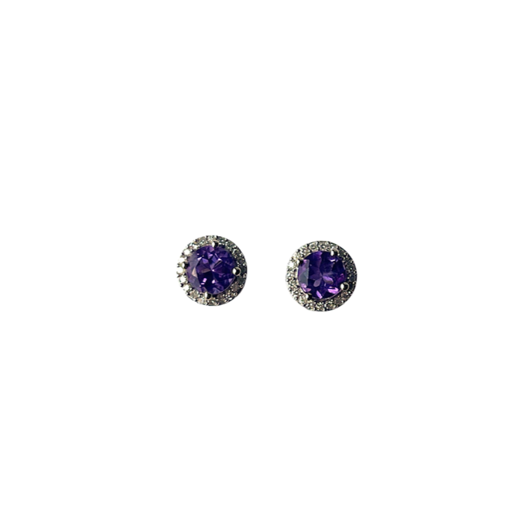 Aretes en plata con amatista y halo de diamantes 0.10ctw