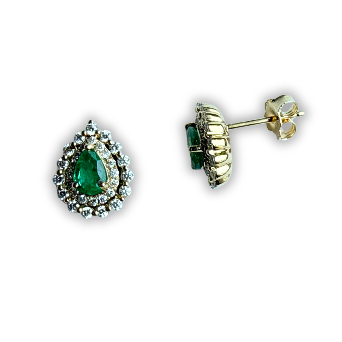 Aretes en oro amarillo 14k con gotas de esmeralda 0.68ctw y doble fila de diamantes 0.61ctw