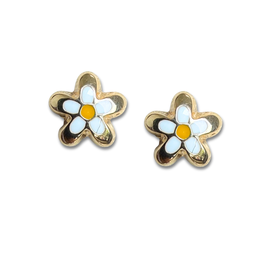 Aretes margaritas blancas en oro amarillo 14K con tope rosca