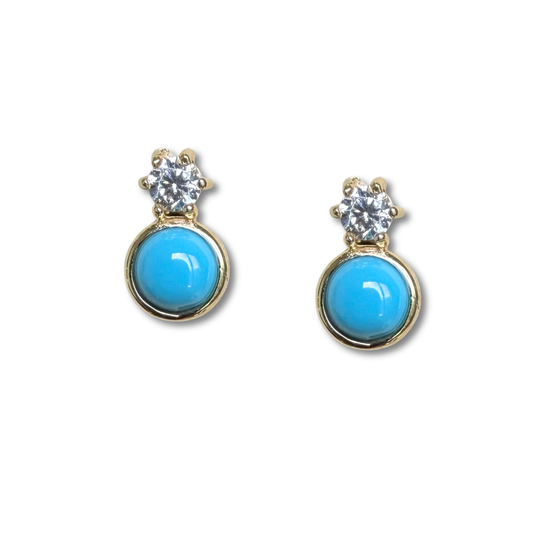 Aretes con turquesa biselada y circonita redonda abajo en en oro amarillo 14K con tope rosca