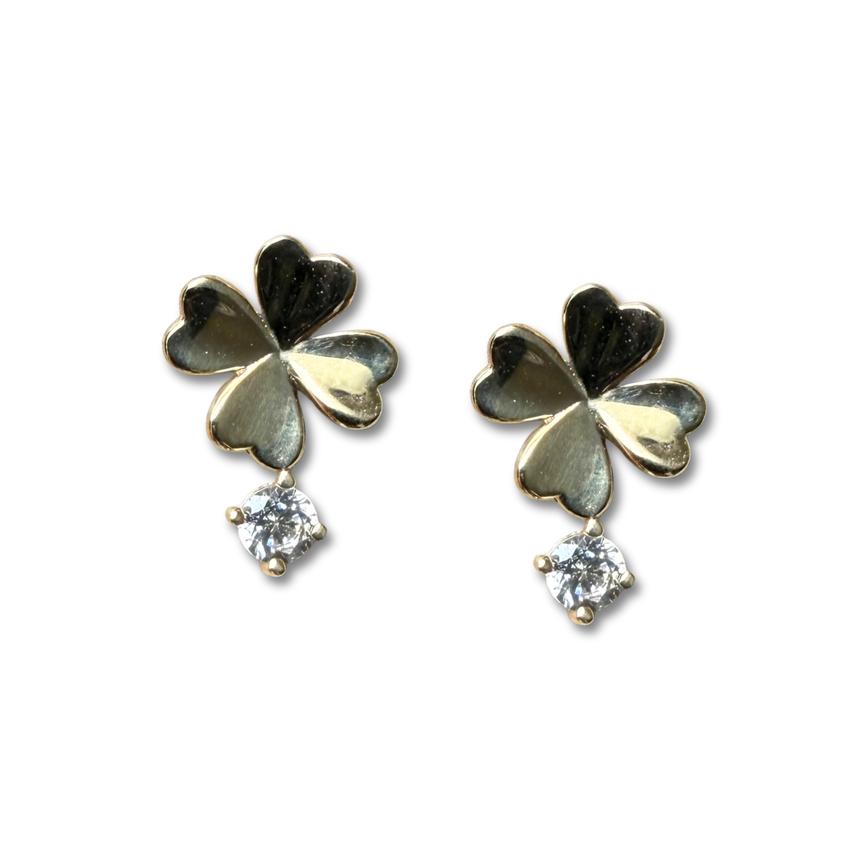 Aretes trébol con circonita redonda abajo en en oro amarillo 14K con tope rosca