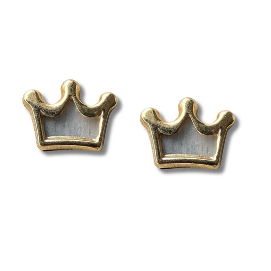 Aretes en oro amarillo 14k en forma de corona de madre perla con tope tornillo