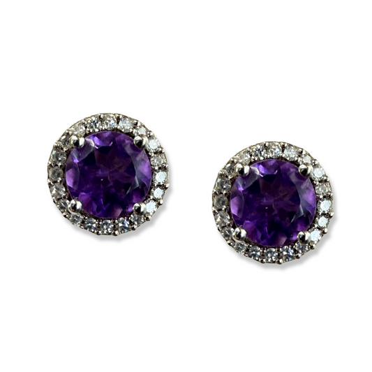 Aretes en plata con amatista y halo de diamantes 0.10ctw