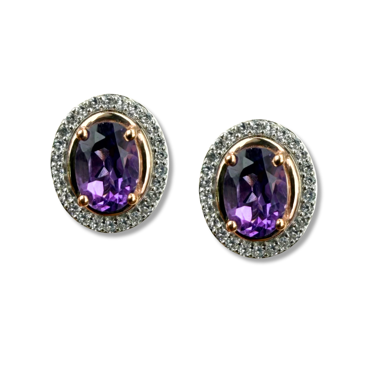 Aretes de plata y oro rosa 10k con amatista ovalada y halo de zafiros de laboratorio