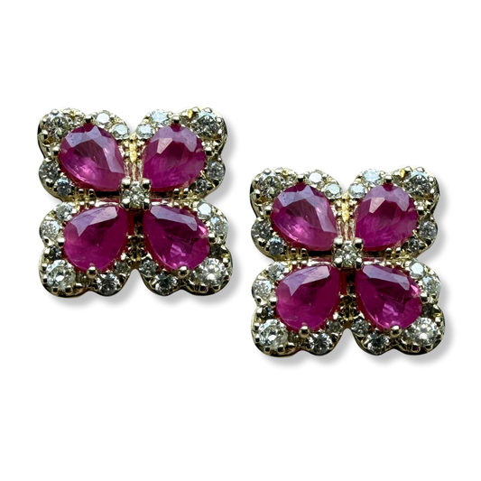 Aretes de oro amarillo 10k con rubíes y diamantes 0.35ctw