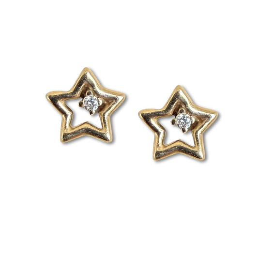 Aretes de estrella con diamante en oro amarillo 14K con tope rosca