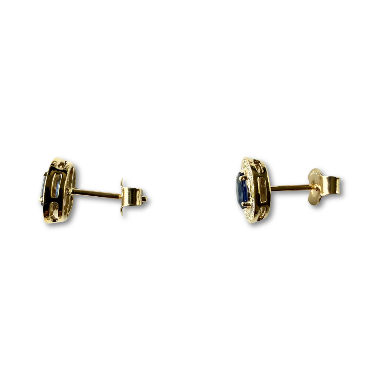 Aretes en oro amarillo 10K con zafiro ovalado y halo de diamantes 0.05ctw