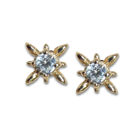 Aretes de estrella de ocho puntas con circonita redonda blanca en el centro en oro amarillo 14k con tope rosca