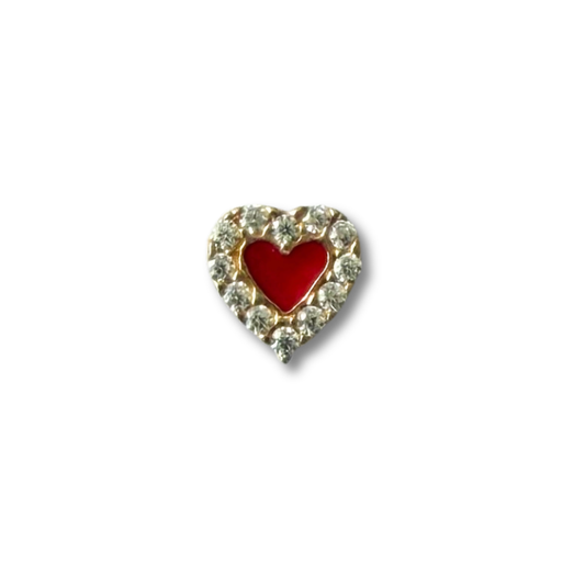 Arete de corazón esmaltado con halo de circonitas en oro amarillo 14k