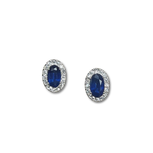 Aretes en oro blanco 14K con zafiro y halo de diamantes 0.10ctw