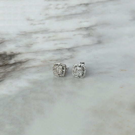 Aretes en plata con diamantes 0.25ctw cuadrados con doble halo