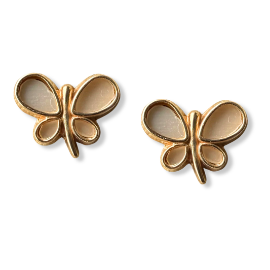 Aretes de mariposa con alas de madre perla y tope rosca en oro amarillo de 14K