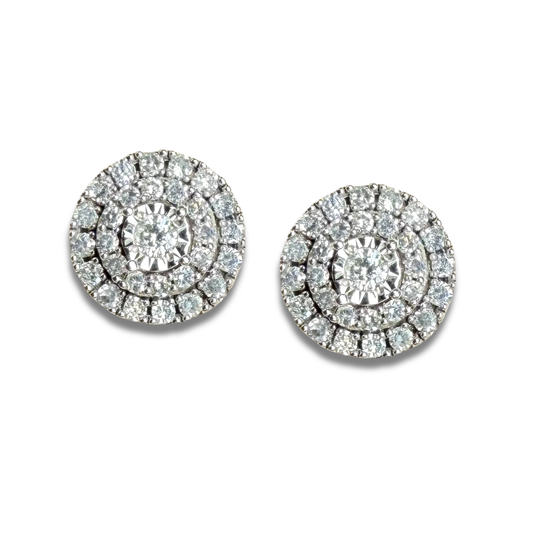 Aretes redondos en oro blanco 10k con doble halo de diamantes 0.25ctw