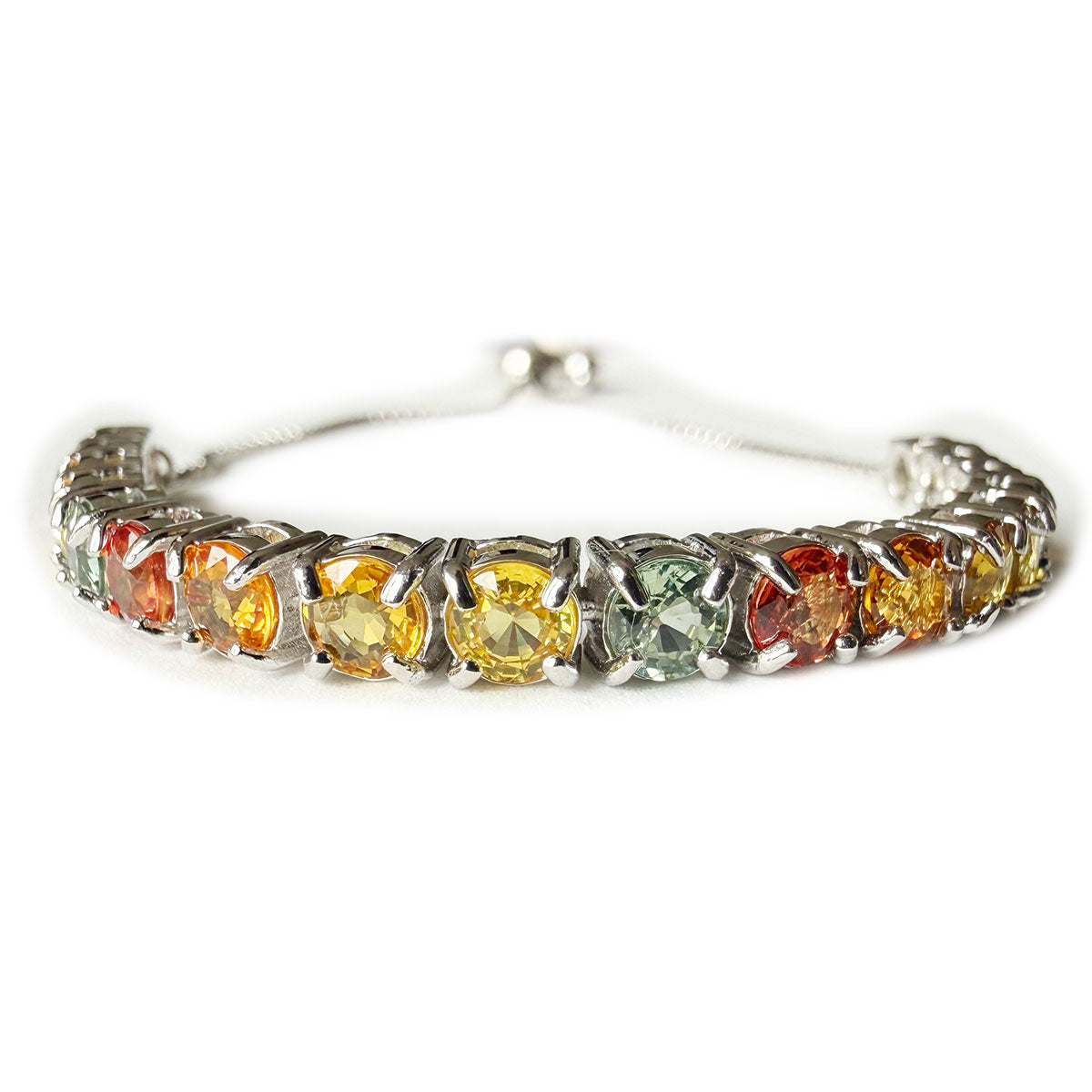 Pulsera bolo de plata con zafiros multicolores naranja, amarillo y verde