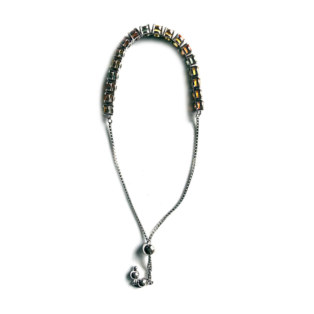 Pulsera bolo de plata con zafiros multicolores naranja, amarillo y verde