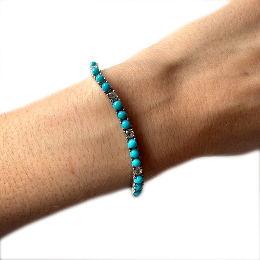 Pulsera tenis de plata con turquesas y circones blancos
