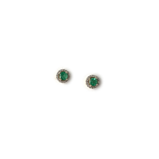 Aretes redondos en oro amarillo 10k con esmeraldas y halo de diamantes 0.10ctw