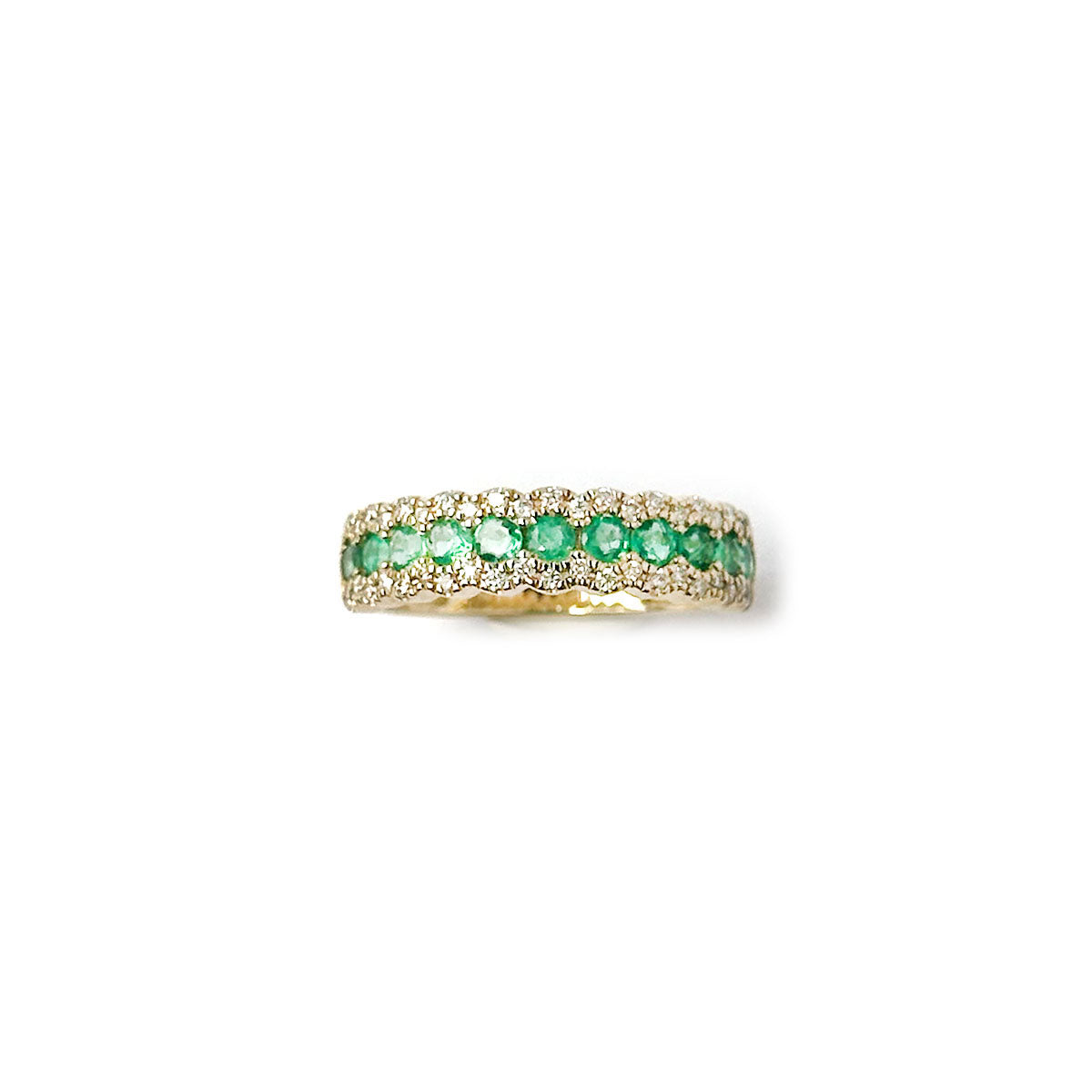 Anillo en oro amarillo 14K con esmeraldas redondas y dos filas de diamantes 0.30ctw