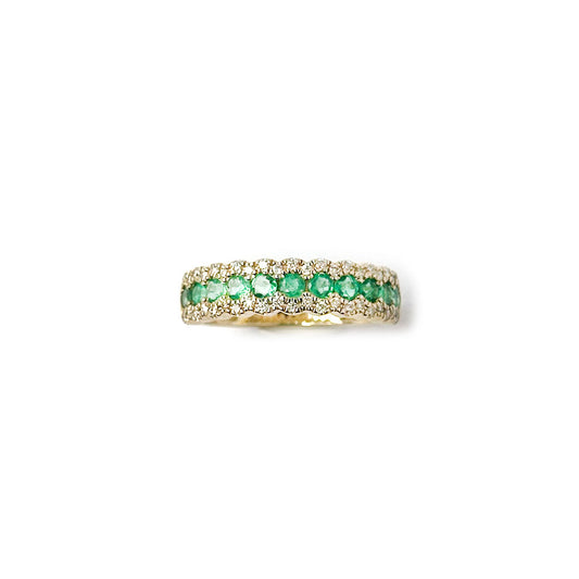 Anillo en oro amarillo 14K con esmeraldas redondas y dos filas de diamantes 0.30ctw
