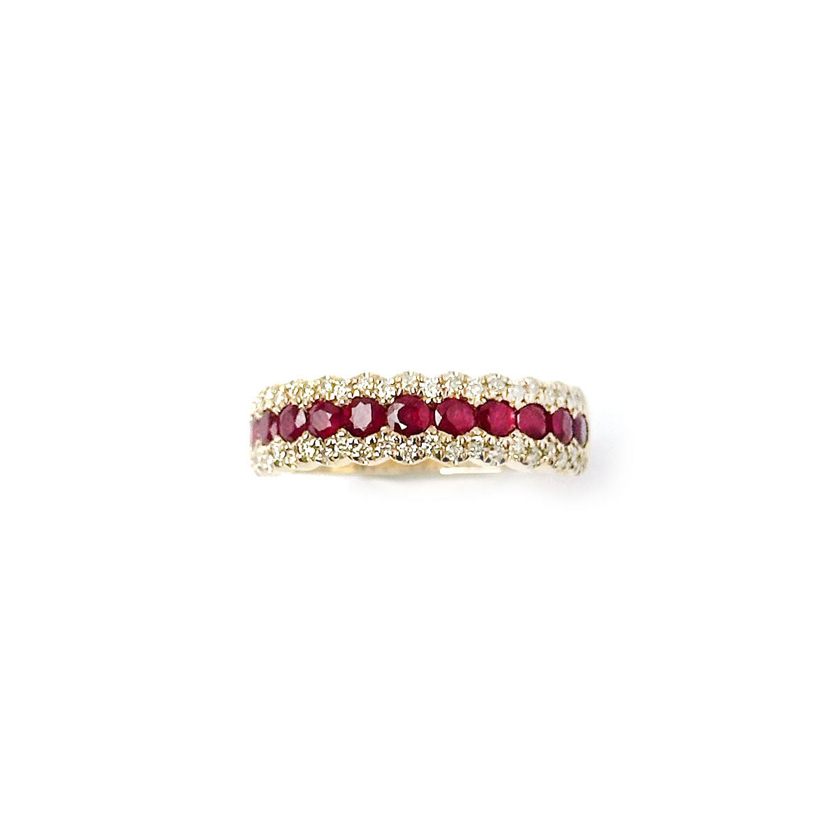Anillo en oro amarillo 14K con rubíes redondos y dos filas de diamantes 0.30ctw