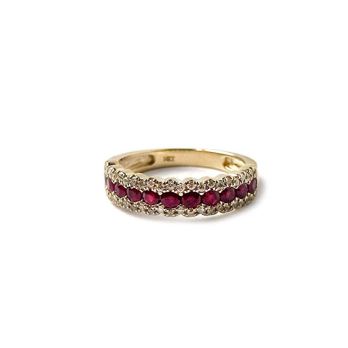 Anillo en oro amarillo 14K con rubíes redondos y dos filas de diamantes 0.30ctw
