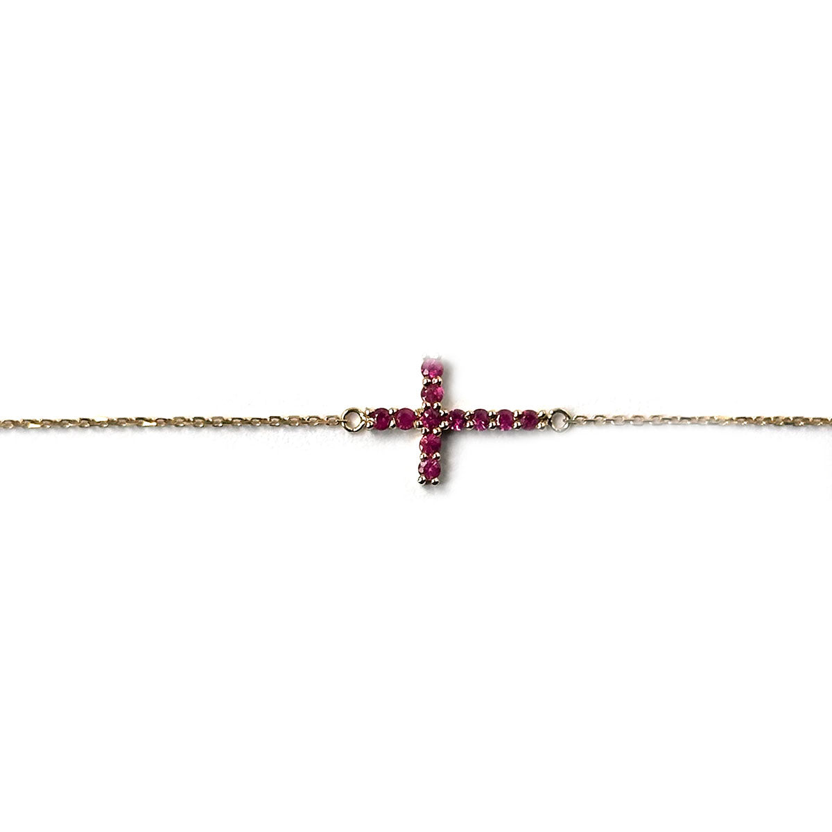 Pulsera de cadenita de oro amarillo 14K con cruz de rubíes