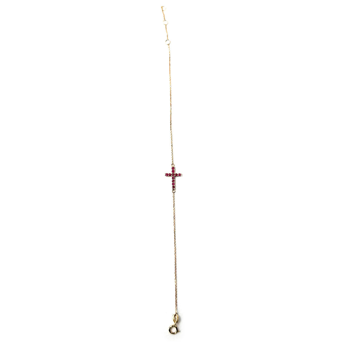 Pulsera de cadenita de oro amarillo 14K con cruz de rubíes