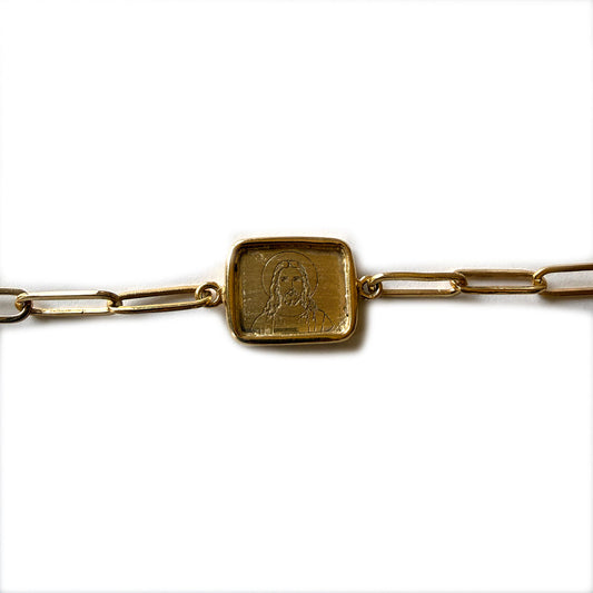 Pulsera escapulario Mater y Sagrado corazón de Jesús con cadena paper clip de plata con baño de oro amarillo