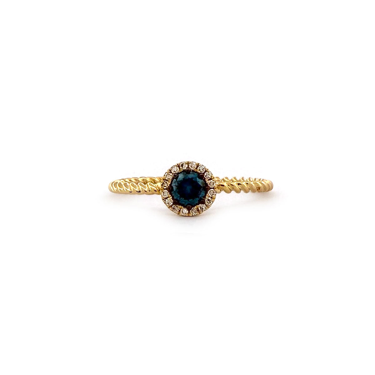Anillo en oro amarillo 10K entorchado con diamante azul y halo de diamantes blancos 0.35ctw