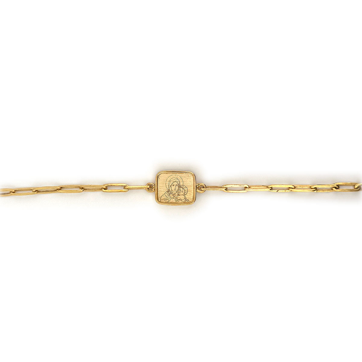 Pulsera escapulario Mater y Sagrado corazón de Jesús con cadena paper clip de plata con baño de oro amarillo
