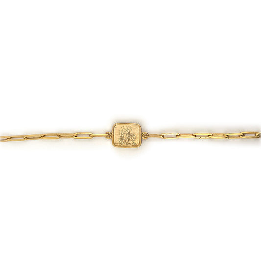 Pulsera escapulario Mater y Sagrado corazón de Jesús con cadena paper clip de plata con baño de oro amarillo
